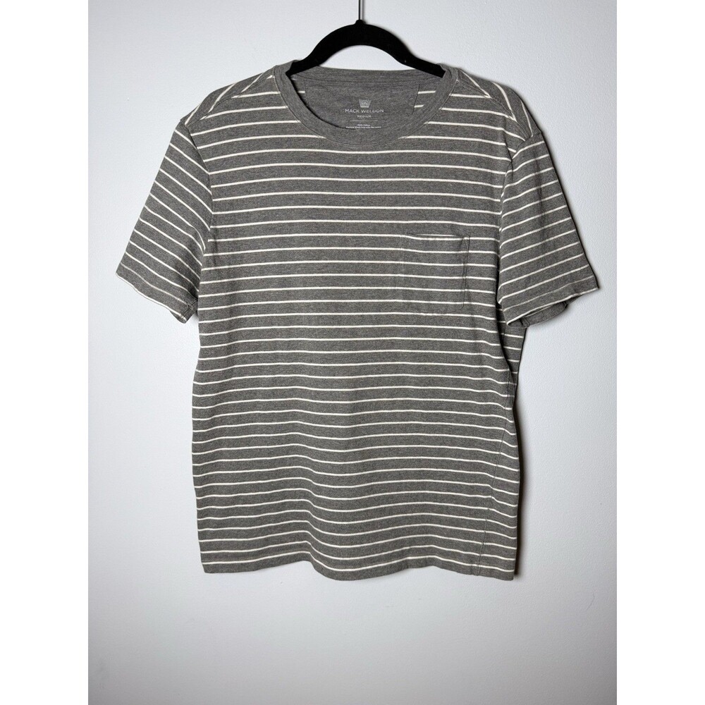 Mack Weldon Men's Medium Grey Striped Cotton Short Sleeve Crew Neck Pocket Tee - Picture 3 of 10